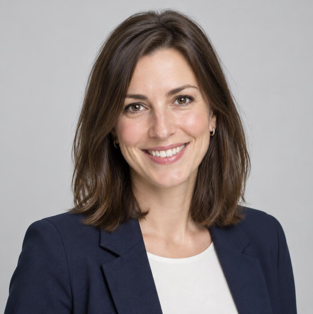 Studio portrait of a smiling woman in her mid-thirties